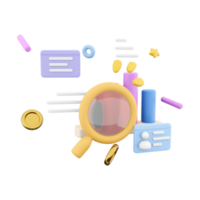 3d rendering marketing research with chart and a magnifying glass icon. 3d render magnifying glass documents chart icon. Marketing research with chart and a magnifying glass. png