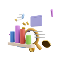 3d rendering marketing research with chart and a magnifying glass icon. 3d render magnifying glass documents chart icon. Marketing research with chart and a magnifying glass. png