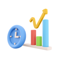 3d tolkning klocka och Färg grafer pekande upp ikon. 3d framställa Diagram och Klockan, timer ikon på vit bakgrund. klocka och Färg grafer pekande upp. png