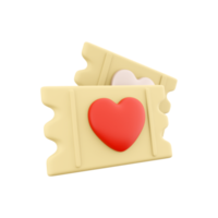 3d Renderização amor bilhete ícone. 3d render coração forma em amarelo bilhete ícone. amor bilhete. png