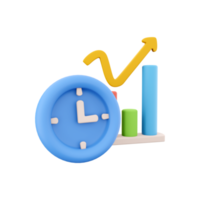 3D rendering clock and color graphs pointing up icon. 3d render chart and oclock, timer icon on white background. Clock and color graphs pointing up. png