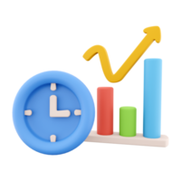 3d tolkning klocka och Färg grafer pekande upp ikon. 3d framställa Diagram och Klockan, timer ikon på vit bakgrund. klocka och Färg grafer pekande upp. png