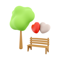 3d rendering icon two loving hearts on a bench near a tree. 3d render Valentine's Day icon. Two loving hearts on a bench near a tree. png