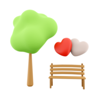 3d representación icono dos amoroso corazones en un banco cerca un árbol. 3d hacer San Valentín día icono. dos amoroso corazones en un banco cerca un árbol. png