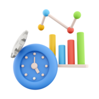 3d rendering alarm clock with gear growth bar graph icon. 3d render blue timer with growth bar graph icon.. Alarm clock with gear growth bar graph. png