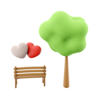 3d tolkning ikon två kärleksfull hjärtan på en bänk nära en träd. 3d framställa hjärtans dag ikon. två kärleksfull hjärtan på en bänk nära en träd. png