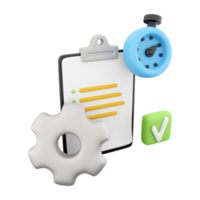 3d rendering clipboard with alarm clock and gear icon. 3d render timer gear and blank note icon. Clipboard with alarm clock and gear. png