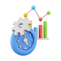 3d rendering alarm clock with gear growth bar graph icon. 3d render blue timer with growth bar graph icon.. Alarm clock with gear growth bar graph. png