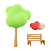 3d rendering icon two loving hearts on a bench near a tree. 3d render Valentine's Day icon. Two loving hearts on a bench near a tree. png