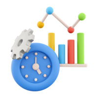 3d rendering alarm clock with gear growth bar graph icon. 3d render blue timer with growth bar graph icon.. Alarm clock with gear growth bar graph. png