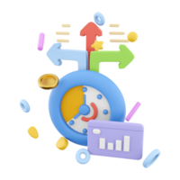 3d rendering timer with growth histogram and arrows icon. 3d render stopwatch time results sign icon. Timer with growth histogram and arrows. png