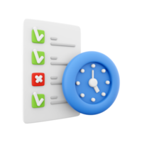 3d rendering timing concept with clock and check list on clipboard icon, 3d render clipboard with complete checklist icon. Timing concept with clock and check list on clipboard. png