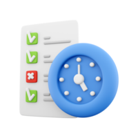 3d rendering timing concept with clock and check list on clipboard icon, 3d render clipboard with complete checklist icon. Timing concept with clock and check list on clipboard. png