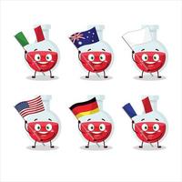 rojo poción dibujos animados personaje traer el banderas de varios países vector