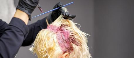 Hairdresser's hands applying pink dye photo