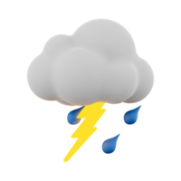 3d interpretazione pioggia con tuono e nube icona. 3d rendere temporale icona. pioggia con tuono e nube. png