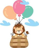 Cute lion flying in basket with balloons vector