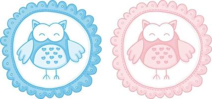 Blue and pink baby round label with cute owl vector