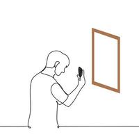 hombre fotografias su reflexión en el espejo o un imagen en el galería con su teléfono - uno línea dibujo vector. concepto a tomar un selfie o fotografía un exposición o obra maestra de Arte vector