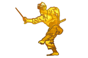 Symbol Logo silat kriegerisch Kunst Person tun tanzen Stand Schritt mit traditionell Waffe im golden Farbe png