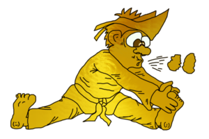 icon in golden color of cartoon person learn martial art  doing stretching leg png