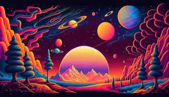 , Psychedelic Space banner template, nostalgic 80s, 90s background. Horizontal illustration of the future landscape with mountains, planets, trees, moon. Surrealist escapism concept. photo