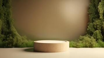 , product beige minimal scene with geometric podium platform and moss plants, mock up stand for cosmetic products. photo