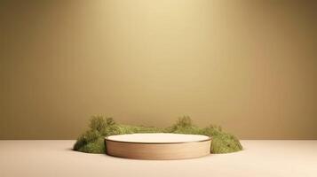 , product beige minimal scene with geometric podium platform and moss plants, mock up stand for cosmetic products. photo