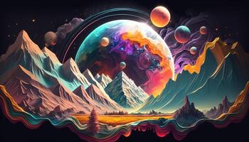 , Alien planet landscape. Psychedelic Space banner template, background. Horizontal illustration of the future with mountains, planets, trees, moon. Surrealist escapism. photo