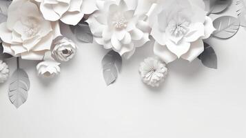 , Paper cut craft flowers and leaves, white color, floral origami textured background, spring mood. Photorealistic effect. photo