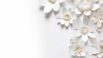 , Paper cut craft flowers and leaves, white color, floral origami textured background, spring mood. Photorealistic effect. photo