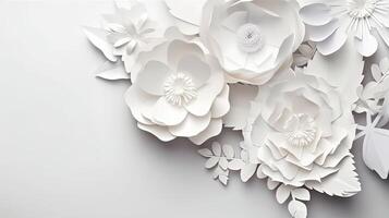 , Paper cut craft flowers and leaves, white color, floral origami textured background, spring mood. Photorealistic effect. photo