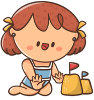 Cartoon illustration little girl joyfully plays in the sand and builds sandcastles on a beautiful summer day. png