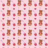 Cute little teddy bear toy, with a heart and a gift box, a seamless pattern. Vector illustration