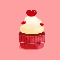 Cupcake with heart shape cherry in flat style isolated on pink background. Love, valentines day concept. Vector illustration