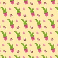Seamless pattern with cactus in the flowerpot and pink hearts a yellow background. Vector illustration