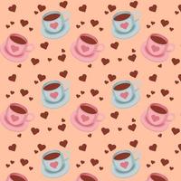 Seamless pattern with pink and blue coffee cups and chocolate hearts on a beige background. Vector illustration