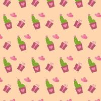 Seamless pattern with cactus in the flowerpot and pink hearts, gift boxes in a beige background. Vector illustration