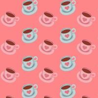 Seamless pattern with pink and blue coffee cups on a red background. Vector illustration