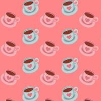 Seamless pattern with pink and blue coffee cups on a red background. Vector illustration