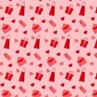 Seamless pattern with red and pink gift boxes and hearts on pink background. Vector illustration