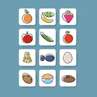 Set of colorful fruit and vegetable square button icons for app healthy nutrition. Vector illustration. Colorful outline web elements