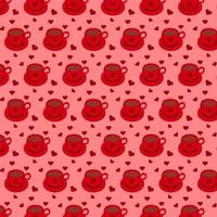 Seamless pattern with red coffee cups and hearts on a red background. Vector illustration