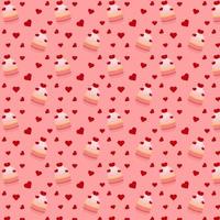 Seamless pattern with cupcakes and hearts on pale pink background. Vector illustration