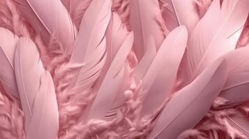 , Beautiful light pink closeup feathers, photorealistic background. Small fluffy pink feathers randomly scattered forming photo