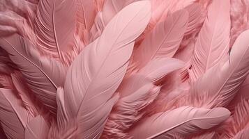 , Beautiful light pink closeup feathers, photorealistic background. Small fluffy pink feathers randomly scattered forming photo