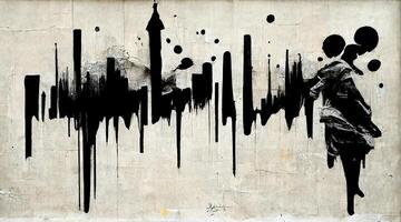 , Ink black street graffiti art on a textured paper vintage background, inspired by Banksy. photo