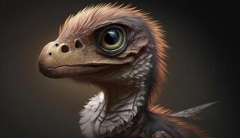 , baby of velociraptor, ancient carnivore dinosaur, extinct animal. Cute small animal. photo