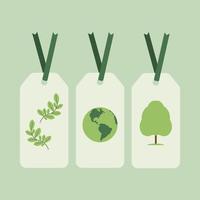 Three white eco tags with green branch, globe earth, and tree. Vector illustration