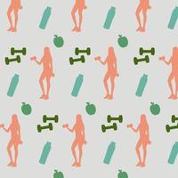 Seamless pattern with icons of fitness women, gym dumbbells, bottles of water, and apples. Vector illustration